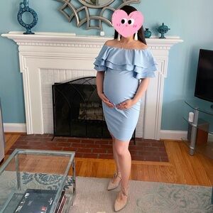PinkBlush Turquoise Layered Ruffle Off Shoulder Fitted Maternity Dress